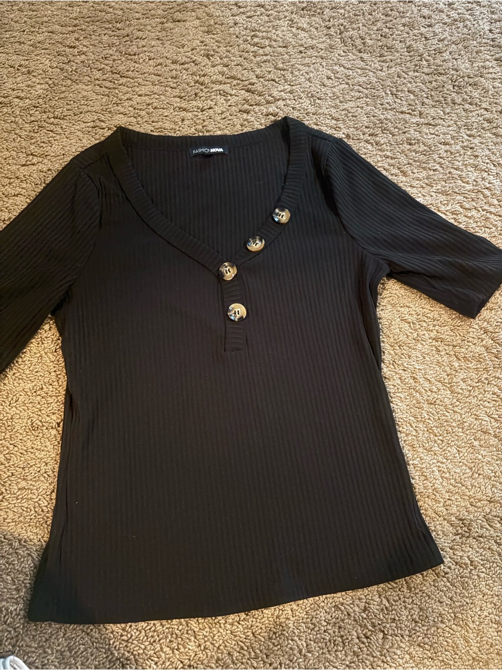 Fashion Nova Black Ribbed Button-Detail V-Neck Tee